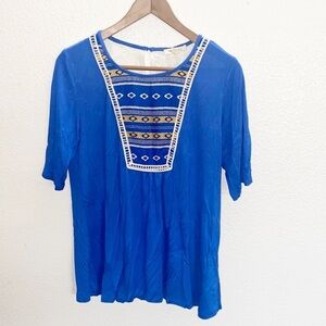 Moon Sky Blue Printed Lace Detail Short Sleeve Top